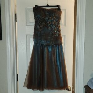 Brown and Blue Strapless Tiered Formal Gown